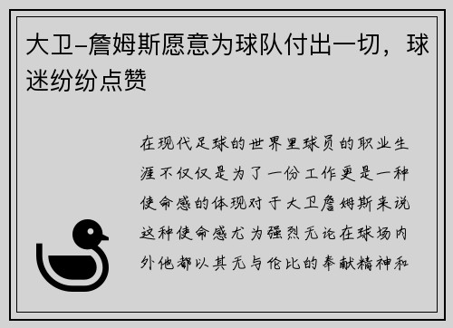 大卫-詹姆斯愿意为球队付出一切，球迷纷纷点赞