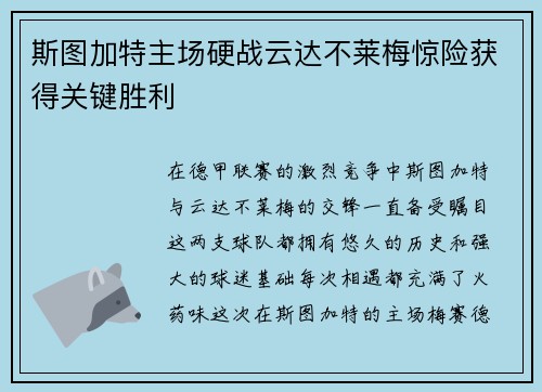斯图加特主场硬战云达不莱梅惊险获得关键胜利